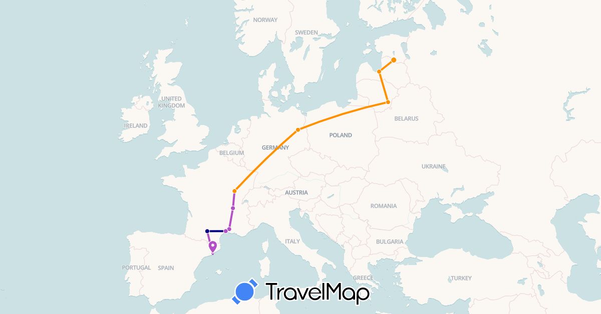 TravelMap itinerary: driving, train, hitchhiking in Germany, Estonia, Spain, France, Lithuania, Latvia (Europe)