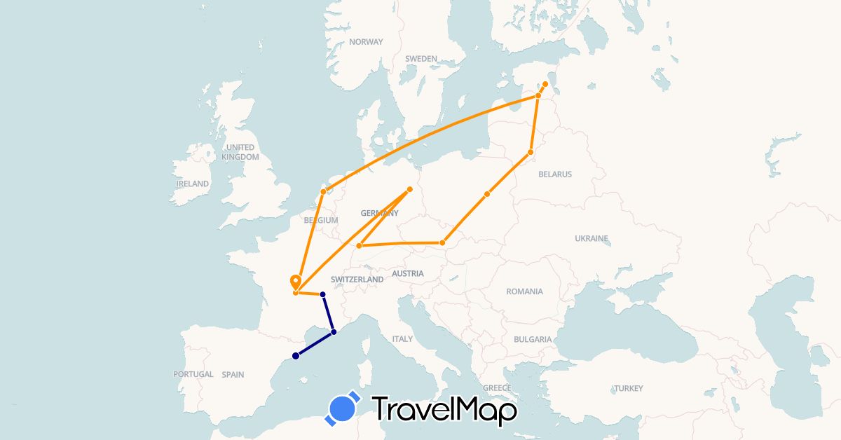 TravelMap itinerary: driving, hitchhiking in Czech Republic, Germany, Estonia, Spain, France, Lithuania, Netherlands, Poland (Europe)